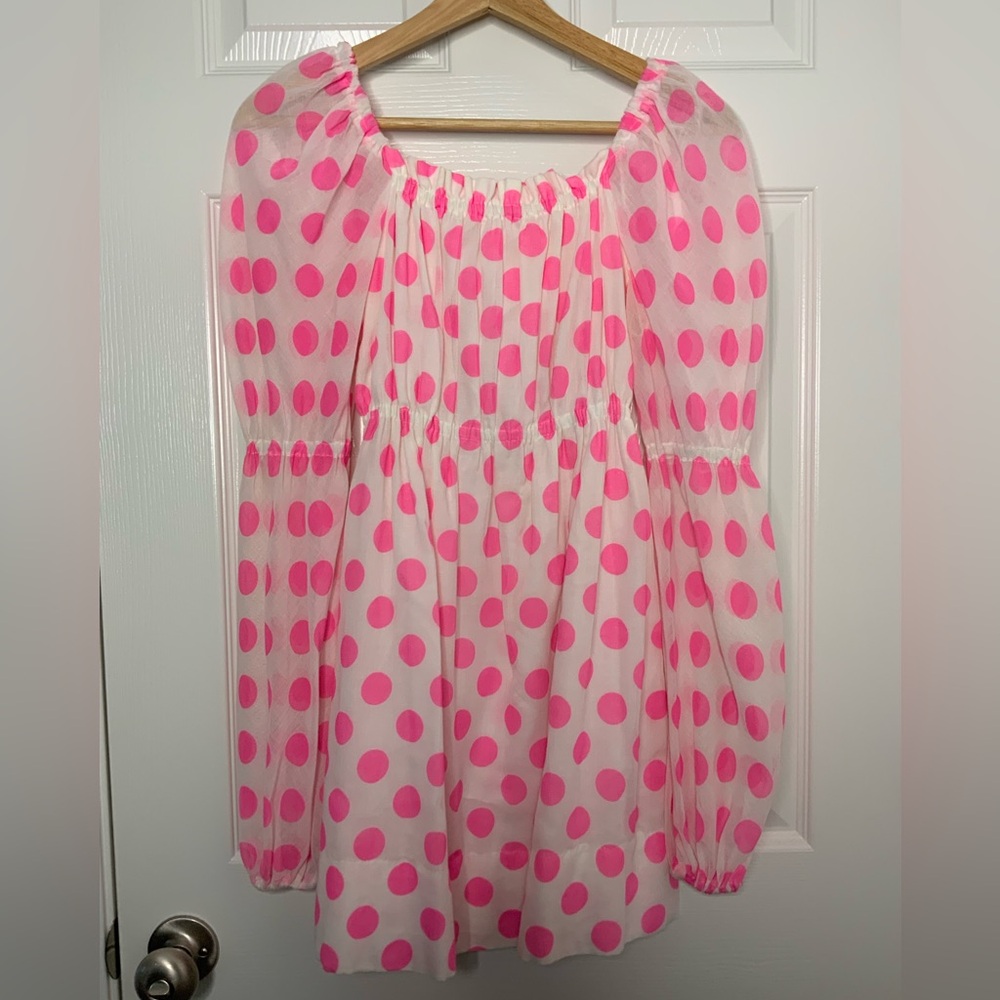 Vintage 1960s Mod Pink Polka Dot Puff Sleeve Mini Dress Size Small
